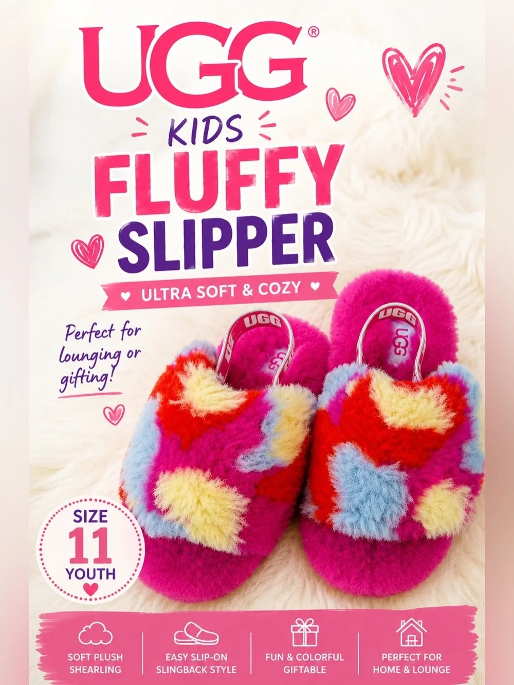 UGG Kids Fluffy Multicolor Slingback Slippers Pink Red Blue Youth Size 11
